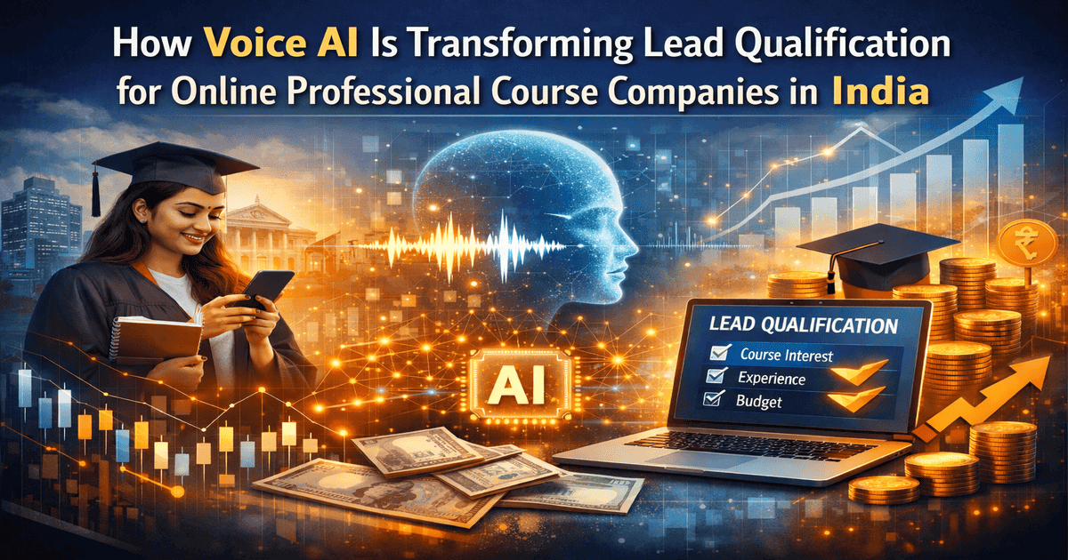 A modern Indian education admissions workflow where a student lead enters the CRM and an instant Voice AI calling system qualifies the enquiry for an online MBA, certificate training, or professional course using STT and TTS before routing to a counselor