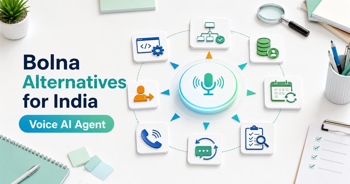 Bright strategy desk image showing Bolna Alternatives for India with Voice AI Agent decision compass, API builder, managed workflow, CRM, call retries, QA, telephony, message memory and handoff icons