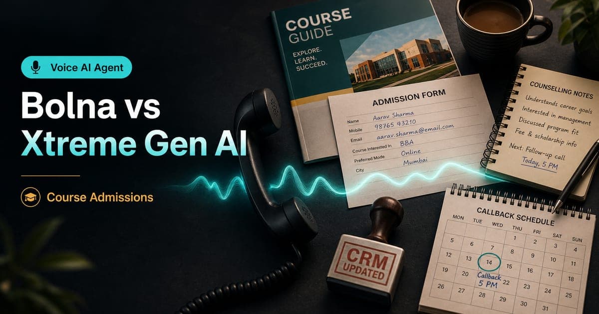 Course admissions comparison workflow showing Voice AI Agent, Bolna vs Xtreme Gen AI, counsellor handoff, WhatsApp follow-up, CRM dispositions, and managed implementation