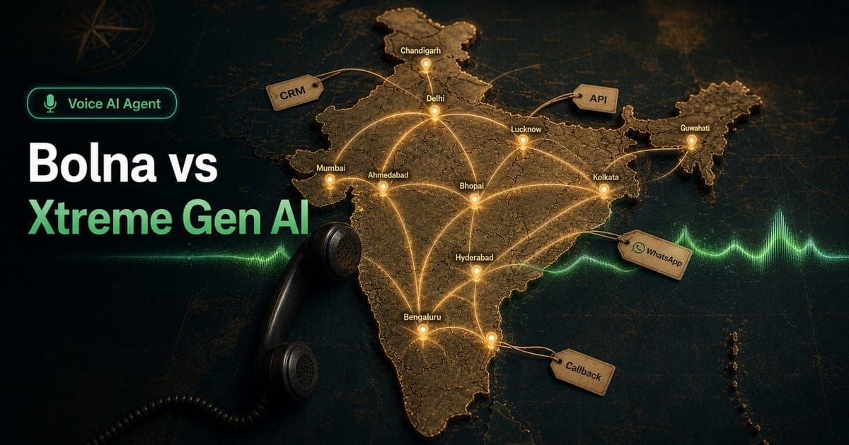 Indian business Voice AI comparison showing Bolna vs Xtreme Gen AI, call logs, CRM updates, API webhook, WhatsApp follow-up, callbacks, CSV reports, and Voice AI Agent workflow