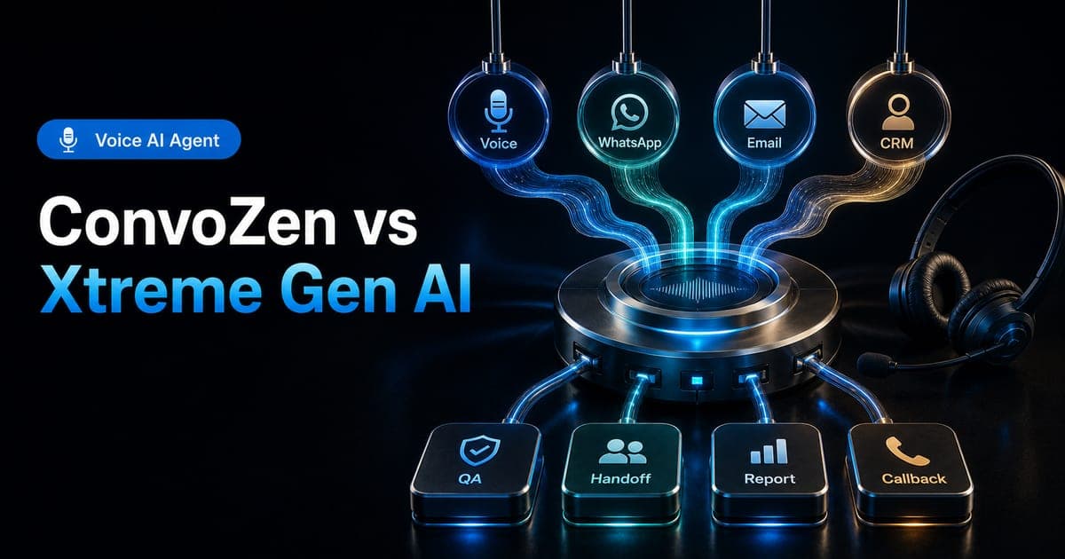 Indian business AI calling workflow comparison showing ConvoZen vs Xtreme Gen AI, Voice AI Agent, campaign operations, customer 360 notes, CRM actions, call audits, WhatsApp and email follow-up