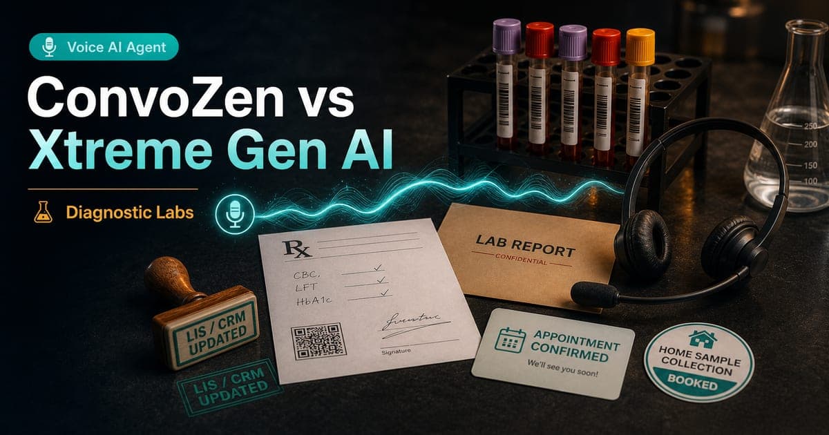 Diagnostic lab comparison workflow showing Voice AI Agent, ConvoZen vs Xtreme Gen AI, patient calls, lab review, CRM dispositions, WhatsApp follow-up, and human handoff