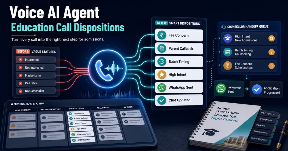 Voice AI Agent turning vague education lead statuses into structured admissions call dispositions, WhatsApp follow-ups, counsellor handoffs, and CRM updates