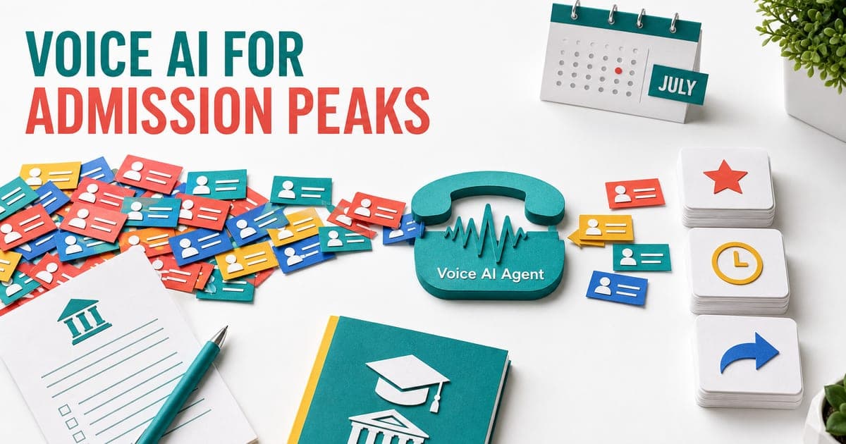 Bright admissions desk showing a surge of student enquiry cards entering a Voice AI Agent and becoming prioritised leads, callbacks and counsellor handoffs