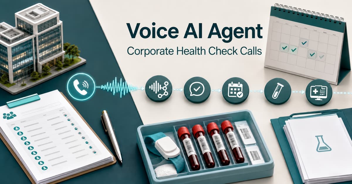 Voice AI Agent workflow for corporate health check calls showing employee outreach, consent, appointment slots, diagnostic samples, reports, and system updates