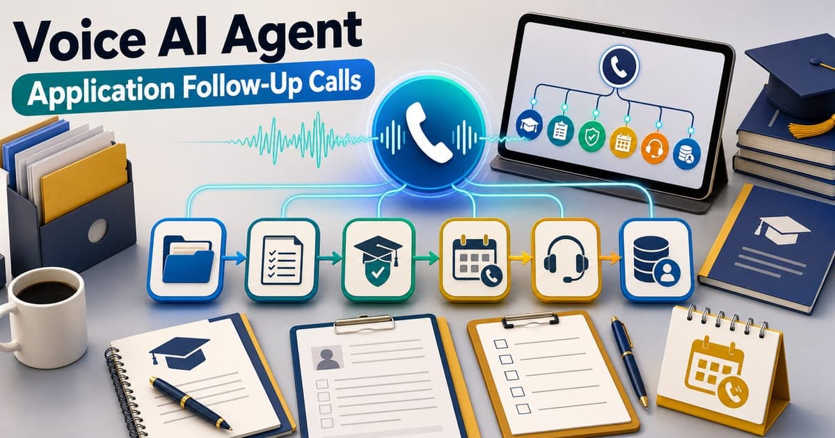Education admissions workflow showing Voice AI Agent calling learners for course application, document checklist, eligibility, callback, counsellor handoff, and CRM update