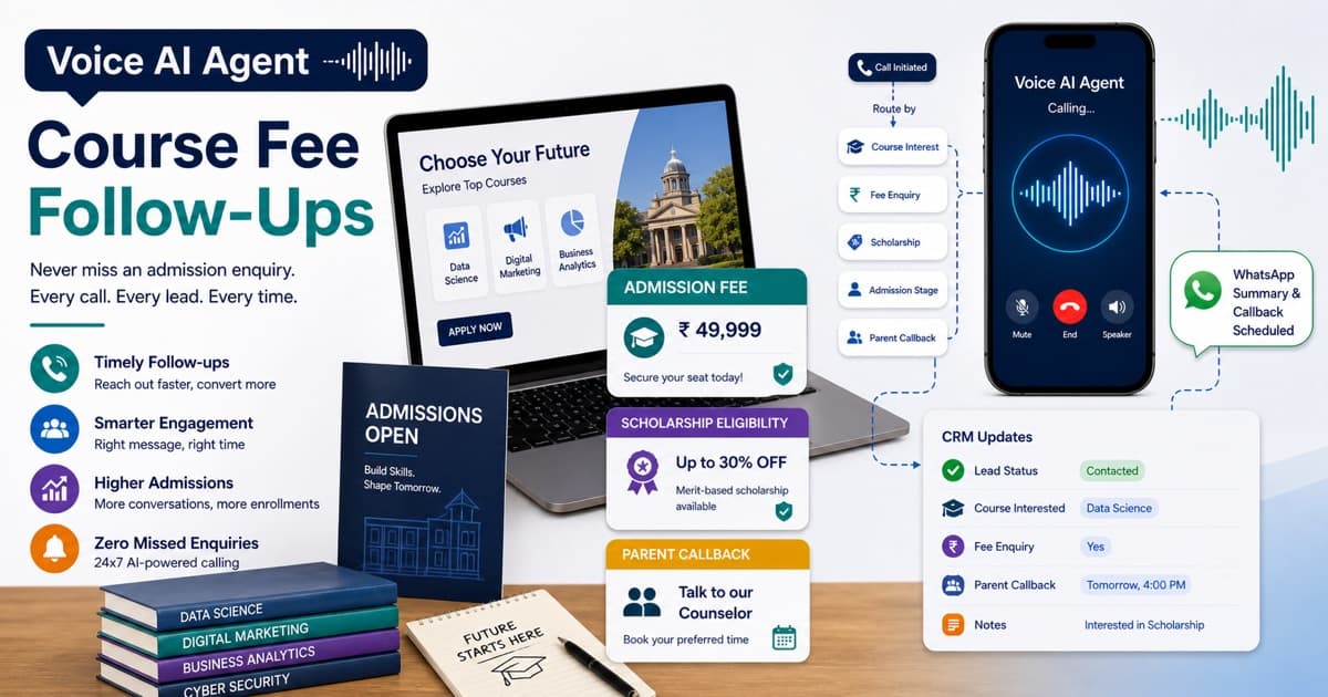 Voice AI Agent workflow for course admission fee enquiry follow-ups showing admission fee, scholarship eligibility, parent callback, WhatsApp summary, and CRM updates