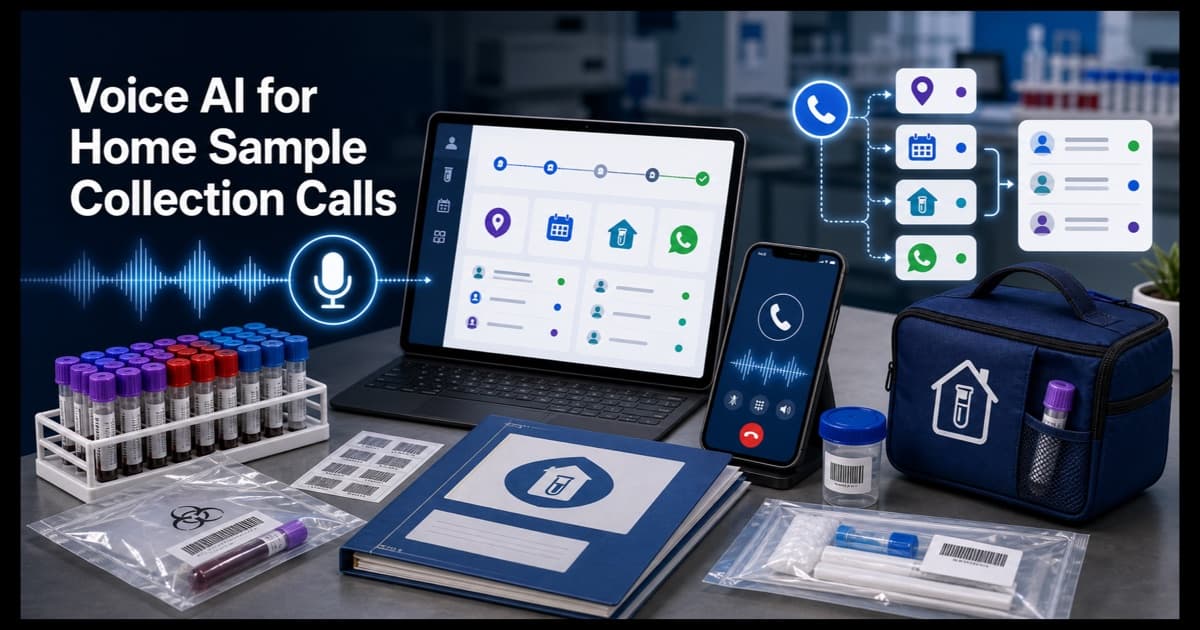 Voice AI Agent home collection workflow for diagnostic labs showing sample tubes, booking dashboard, phone call flow, WhatsApp follow-up, and callback scheduling