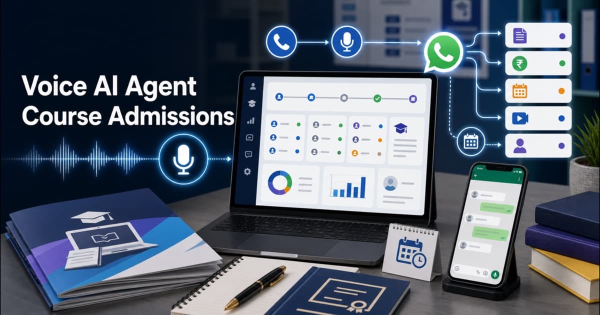 Course admissions workflow showing Voice AI calling education leads and triggering WhatsApp follow-ups, CRM updates, callback scheduling, and counsellor routing